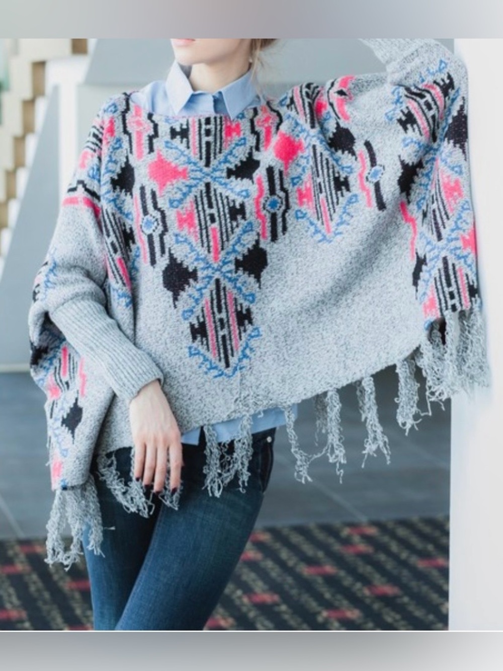 Velzera Gray Poncho Sweater with Pink & Blue Geometric Pattern (SKU366)